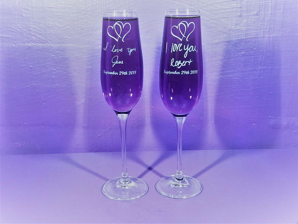 Personalized Engraved Hnadwritten Crystal Titanium Champagne Flute Set